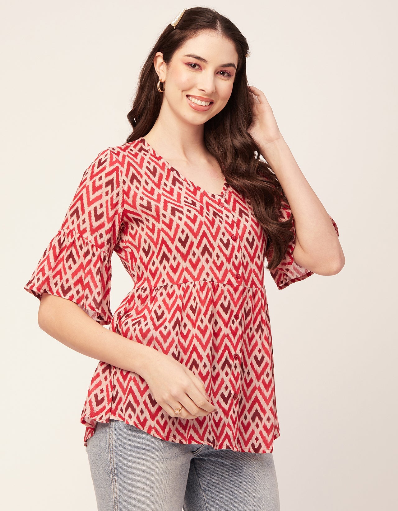 Printed V Neck Flutter T