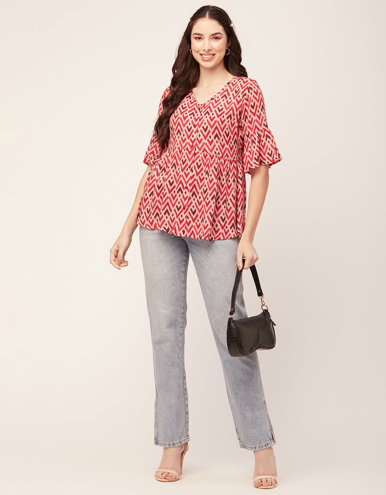 Printed V Neck Flutter T
