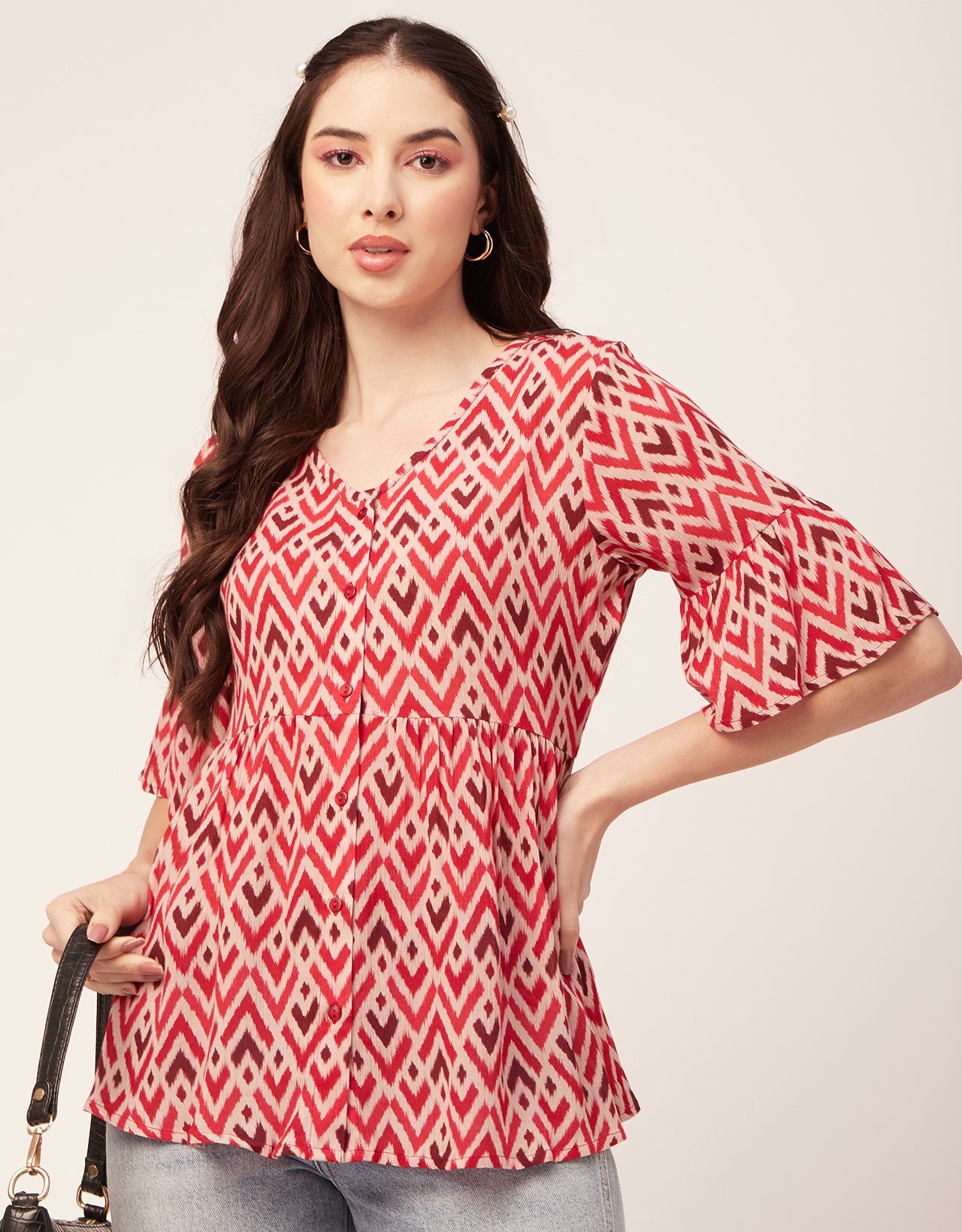 Printed V Neck Flutter T