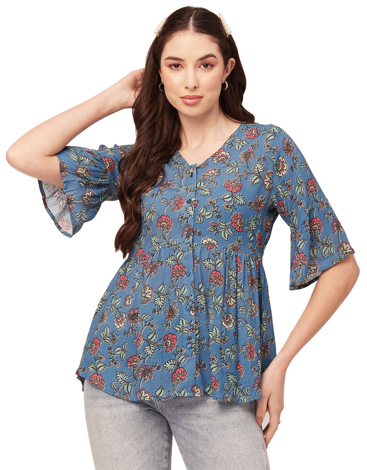 Printed V Neck Flutter T