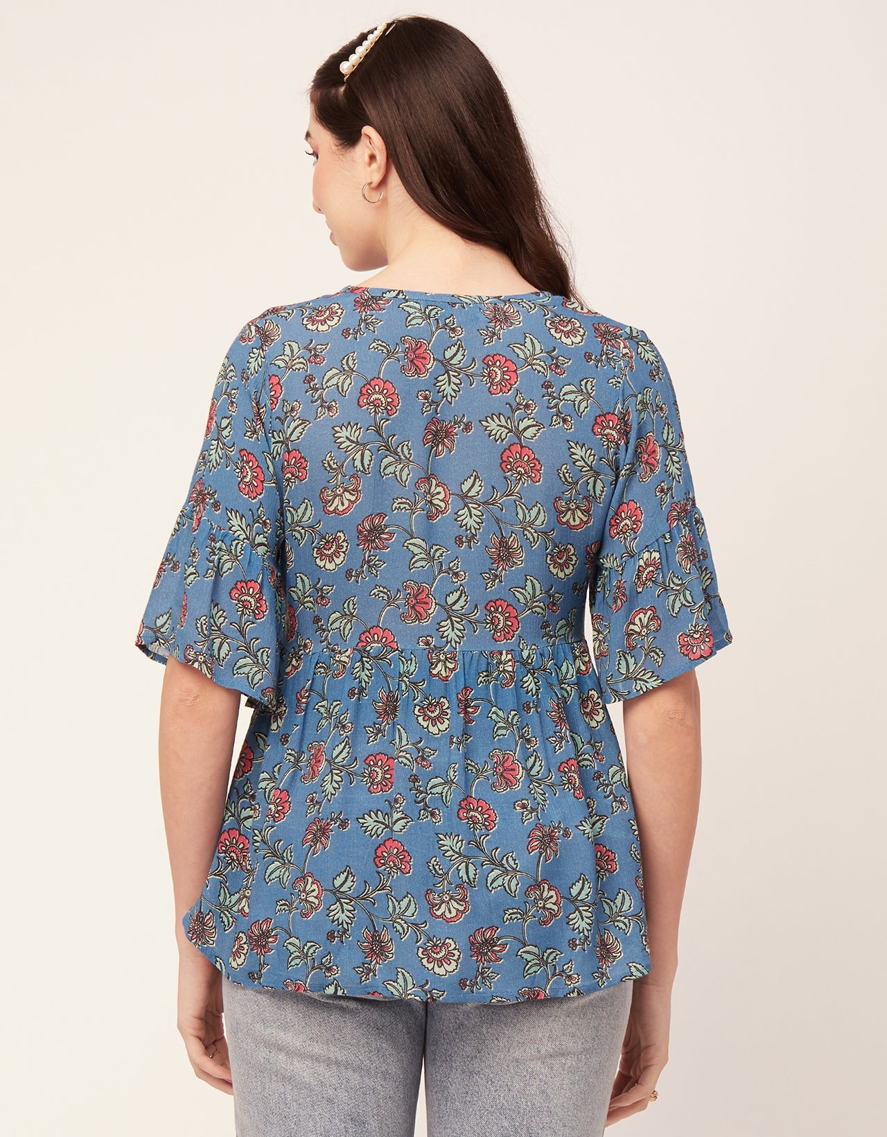 Printed V Neck Flutter T