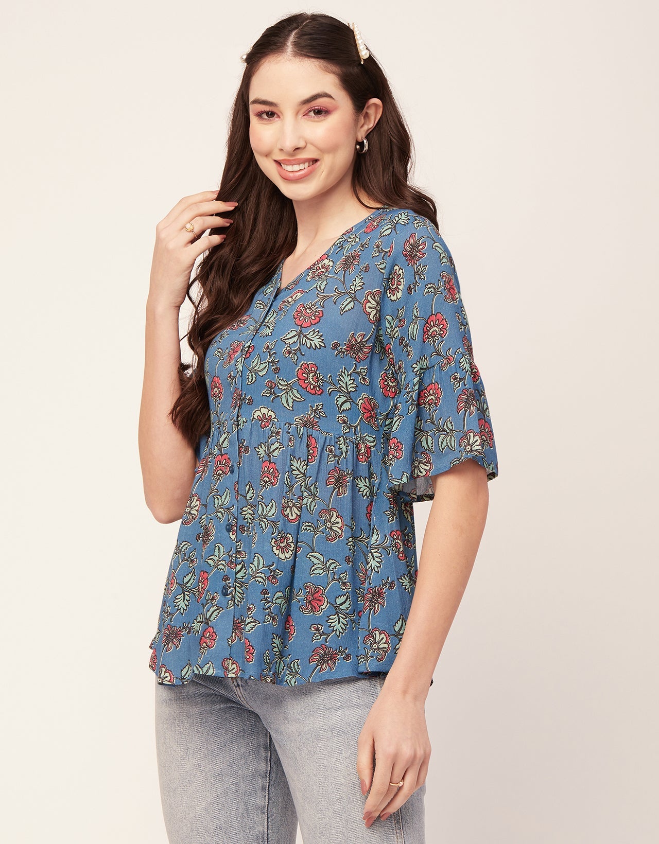 Printed V Neck Flutter T