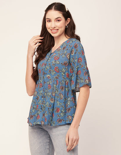 Printed V Neck Flutter T