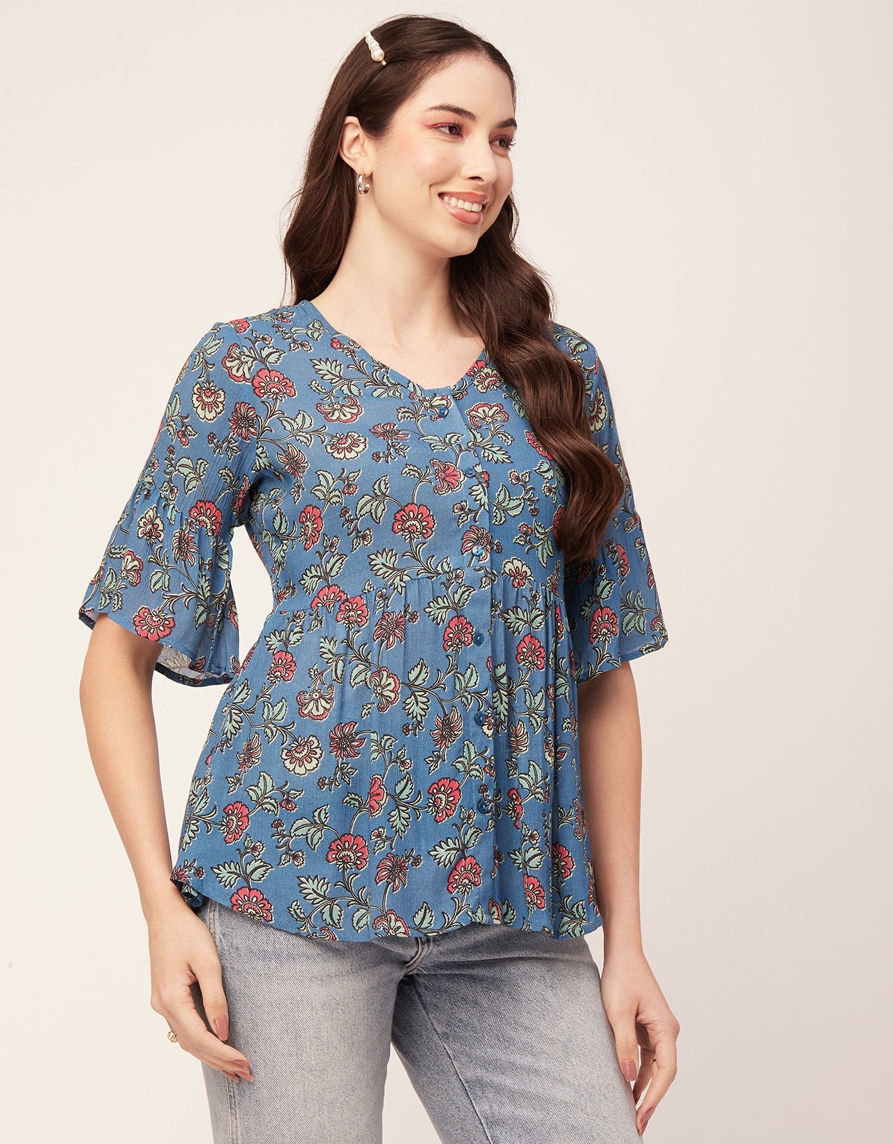 Printed V Neck Flutter T