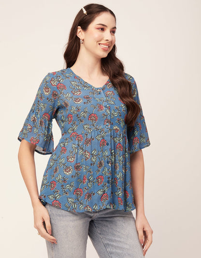 Printed V Neck Flutter T