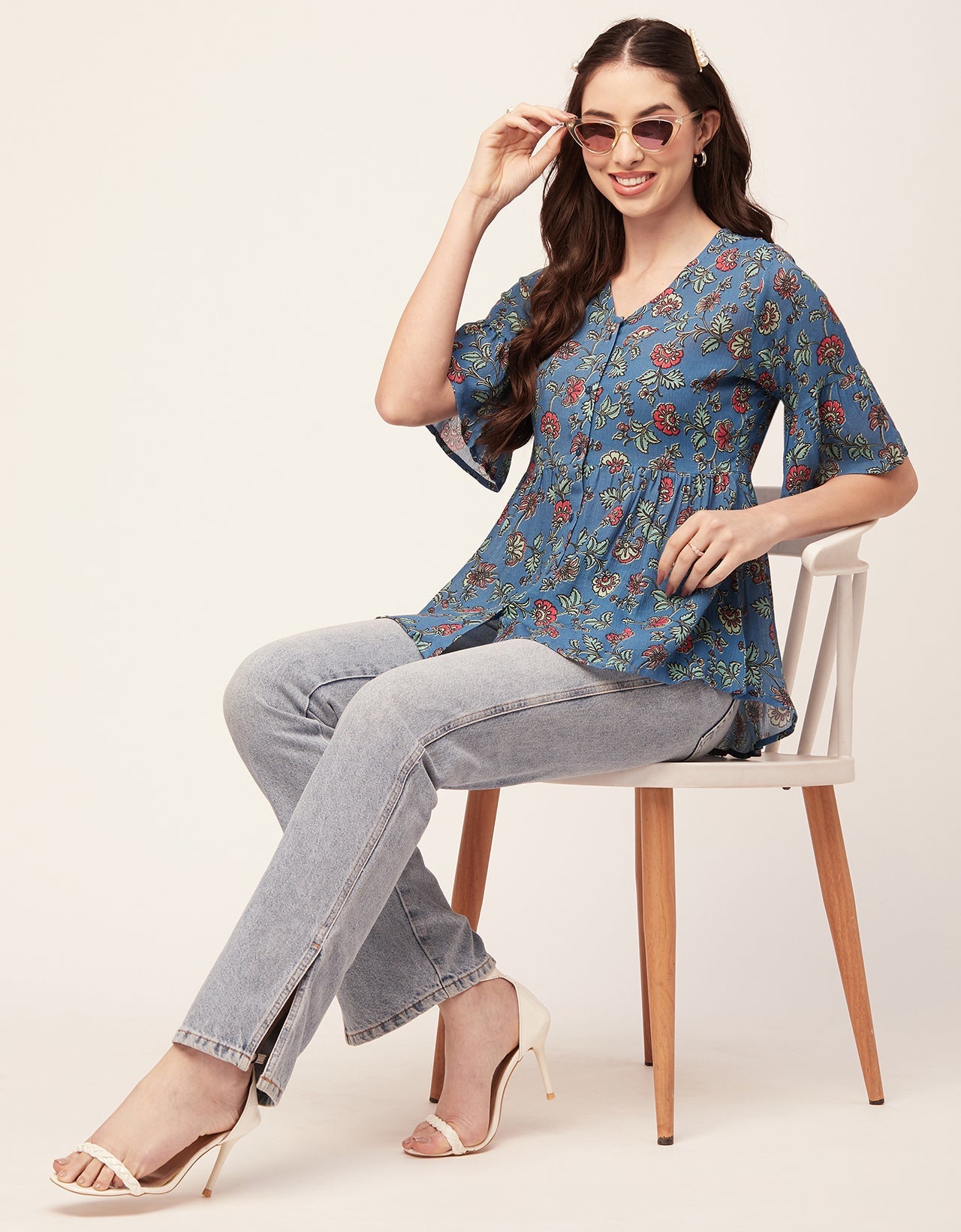 Printed V Neck Flutter T