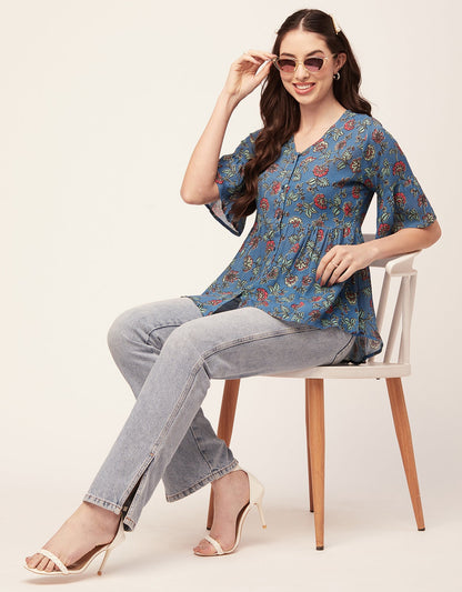 Printed V Neck Flutter T