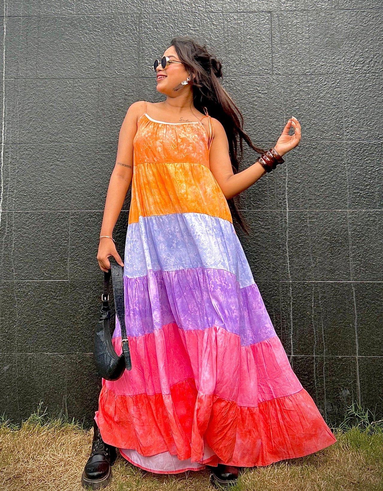 Shoulder Straps Tiered Printed Rayon Dress