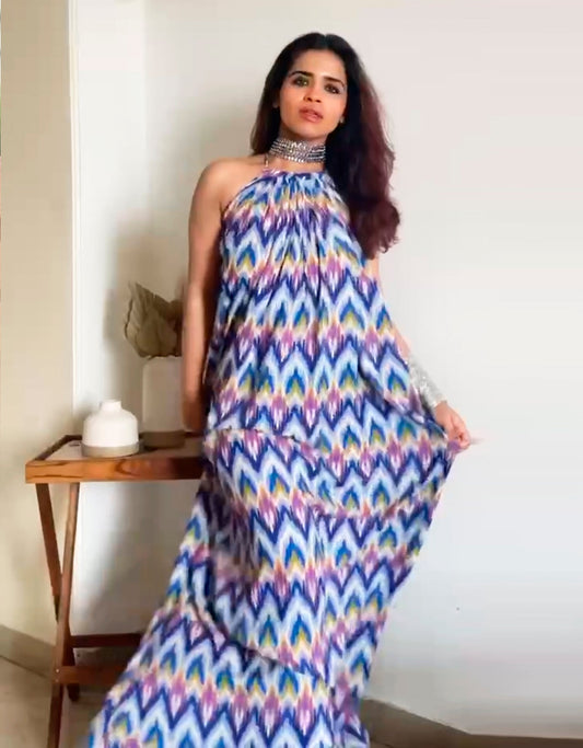 Stylish Sleeveless Ikat Halter Neck A-Line Rayon Dress