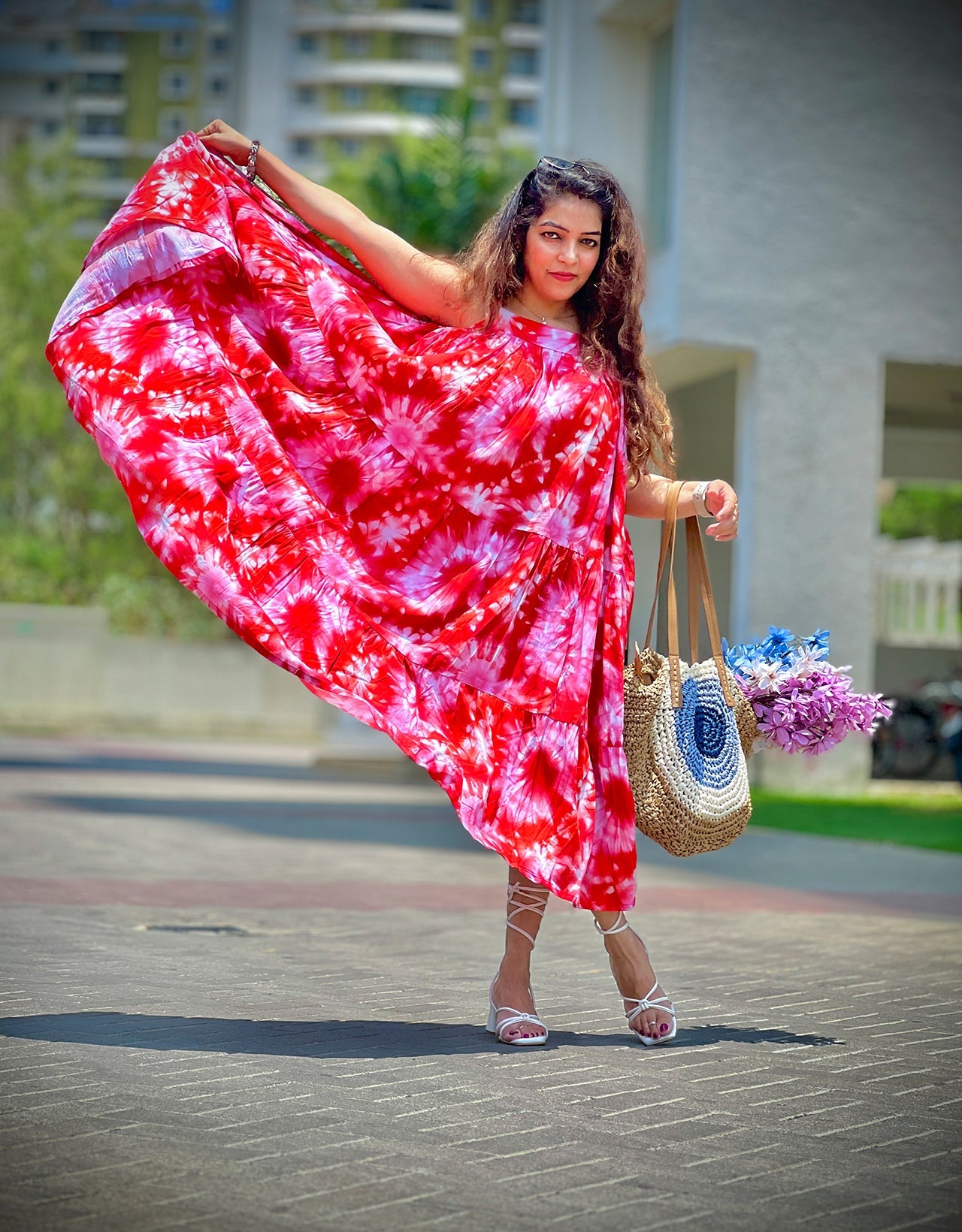 Shoulder Straps Square Neck Printed Rayon Dress