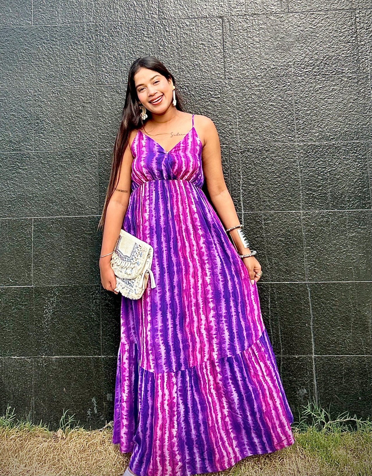 Shoulder Straps V Neck Printed Rayon Dress