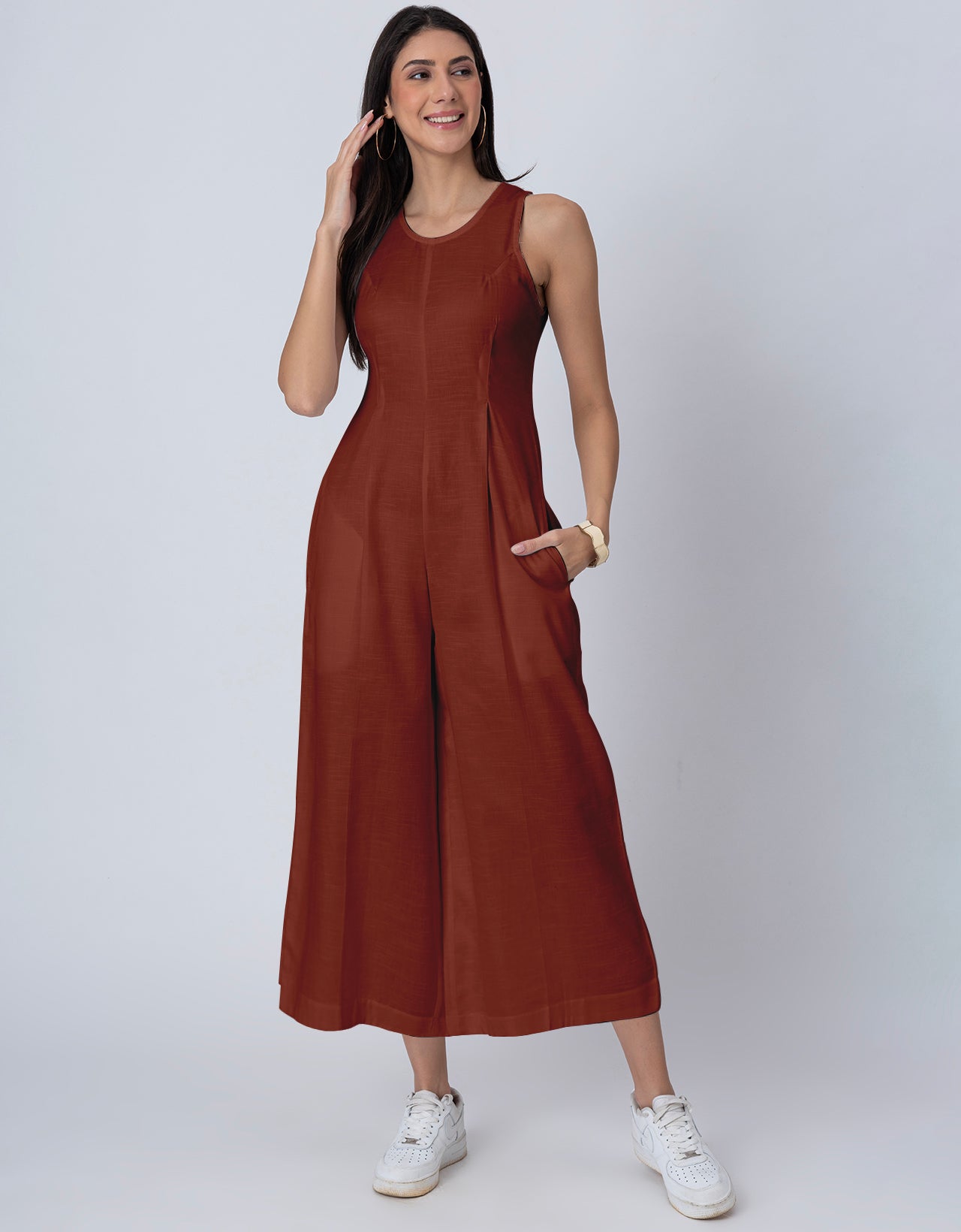 Sleeveless Printed Wide Leg Jumpsuit With Pockets For Women