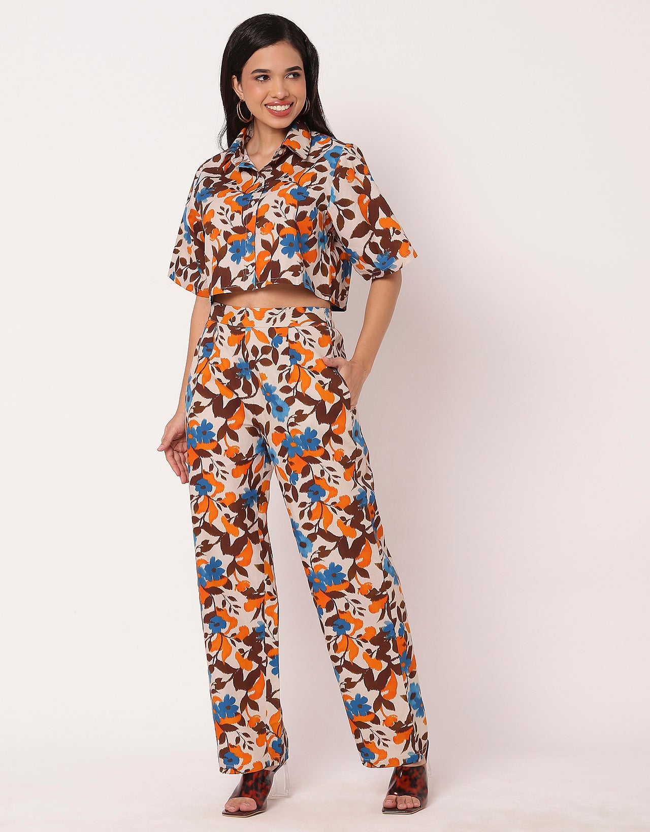 Printed 2 Pcs Co-Ord Set, Crop Shirt With Pants