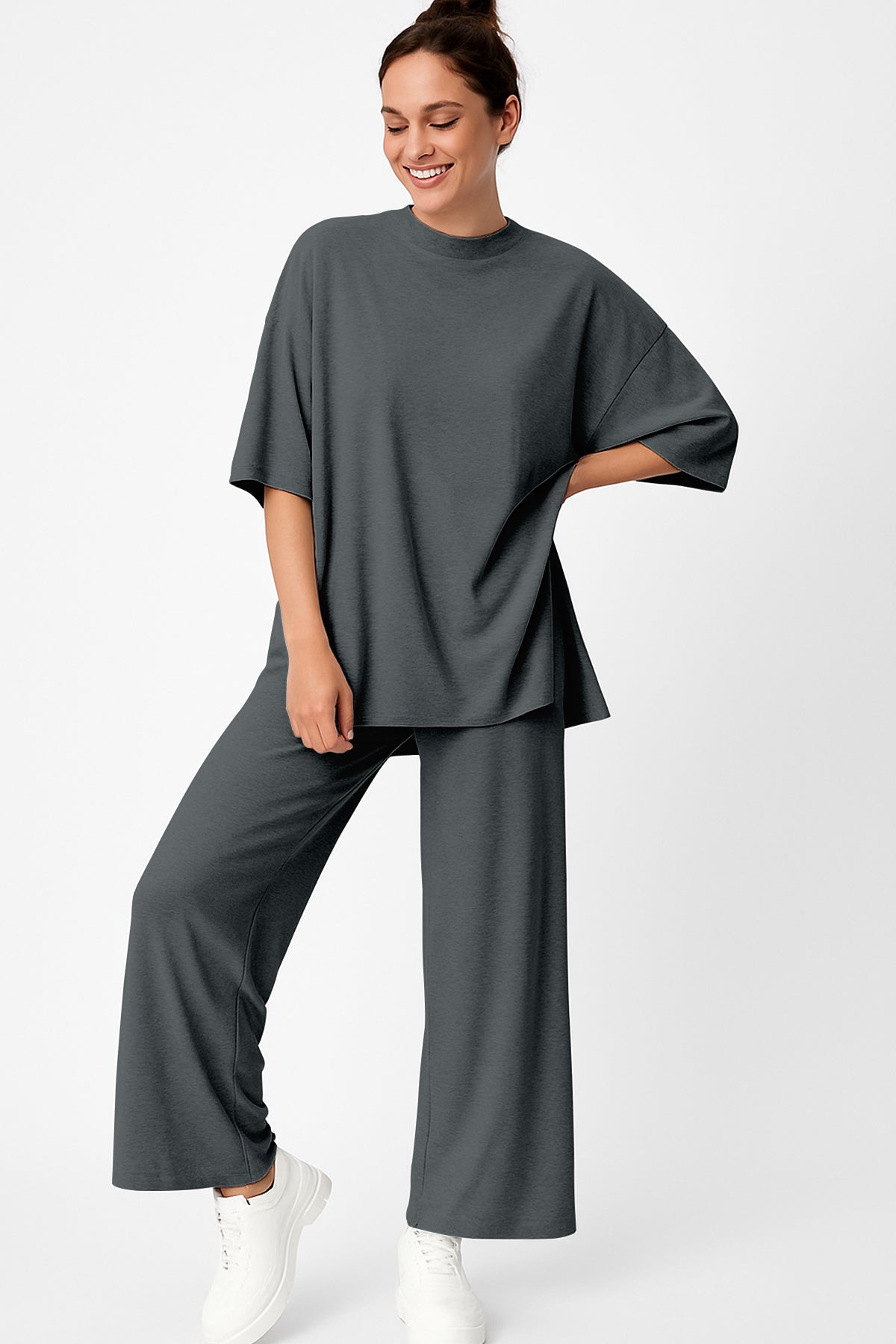 Women's 2 Piece Split Hem Tunic Top and Soft Pants with Pockets