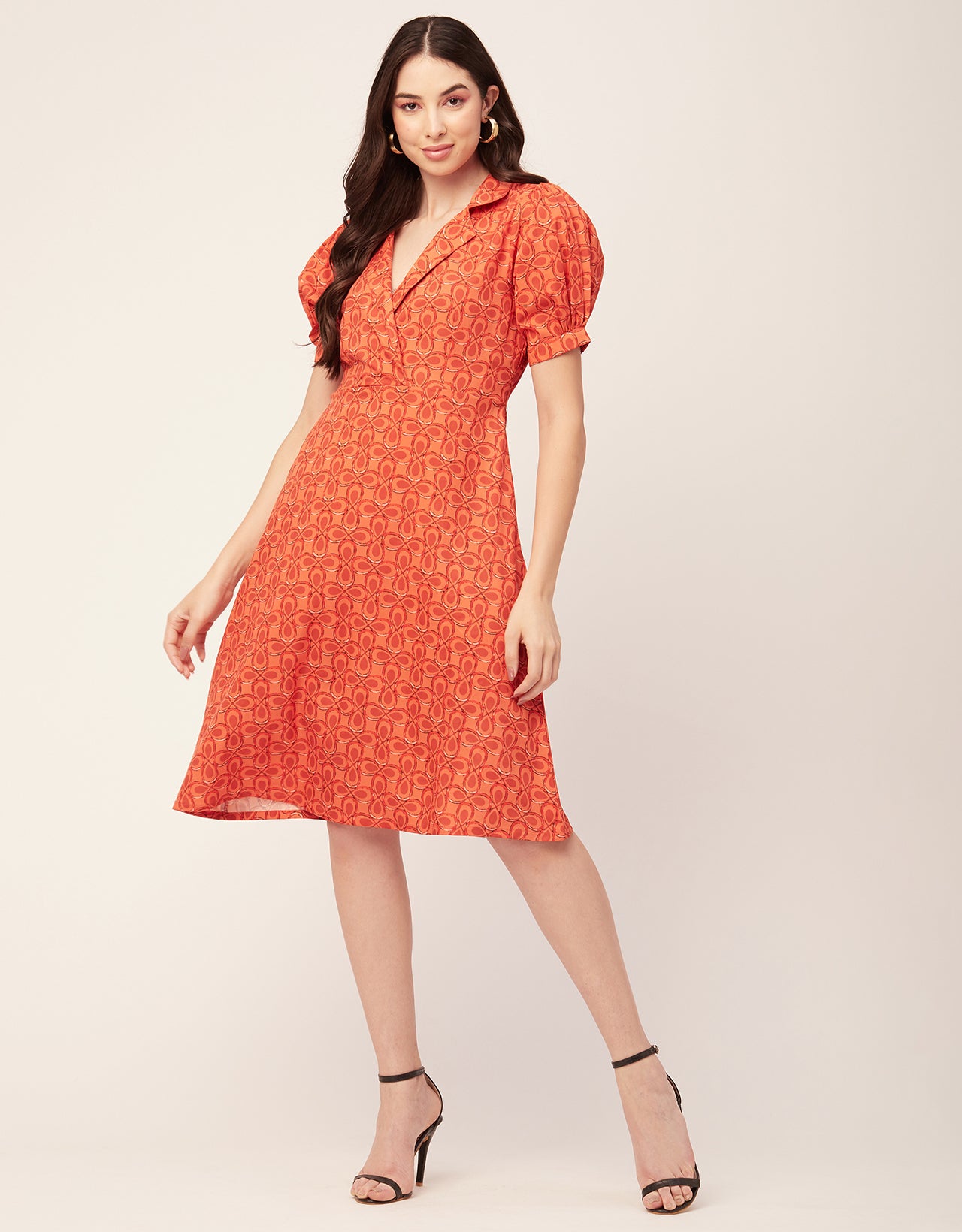 Printed Lapel Collar Dress, Puffed