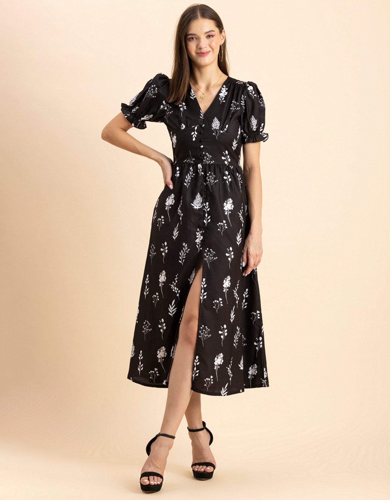 Printed Front Slit Midi Dress