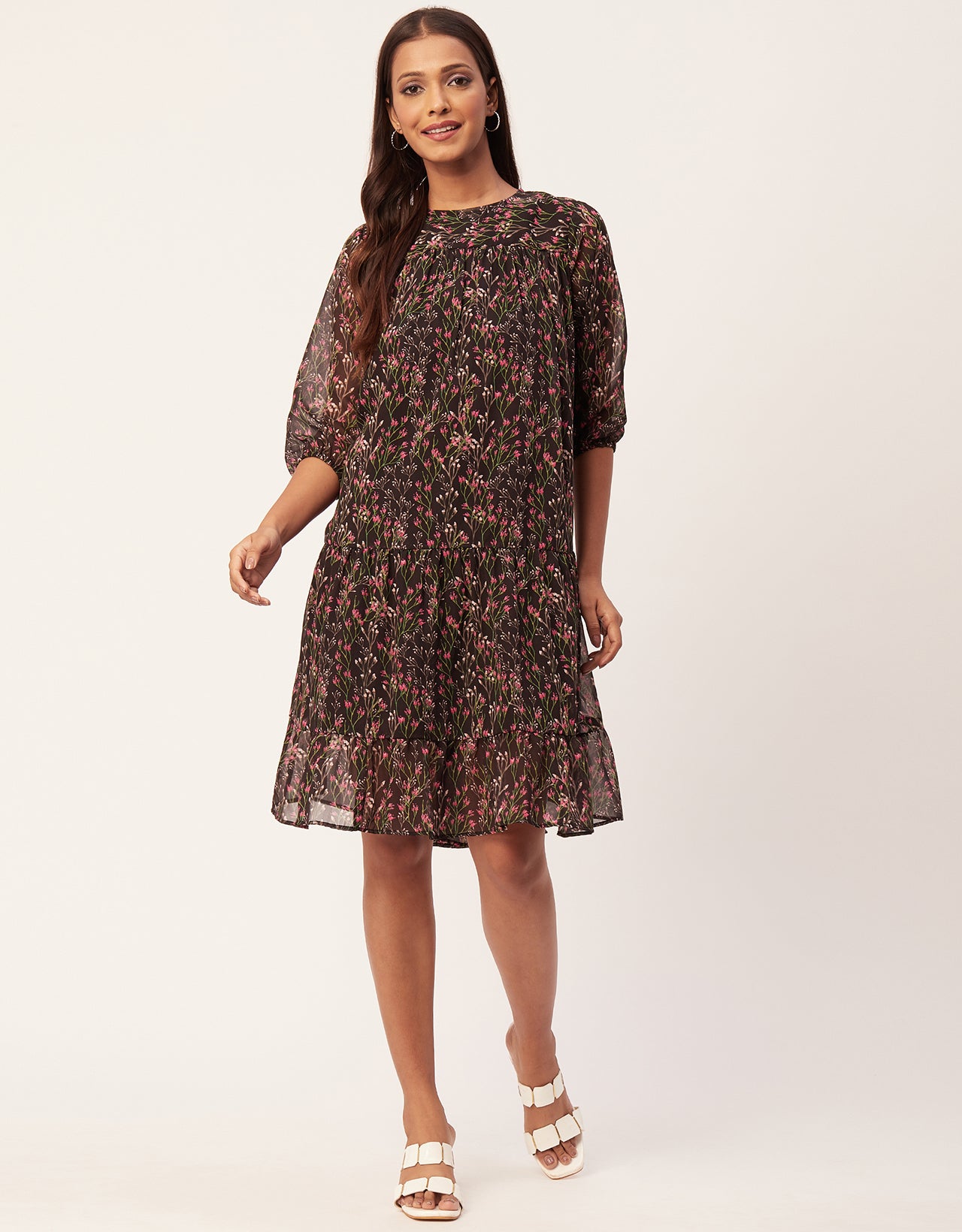 Printed Chiffon Dress, Puffed Rust