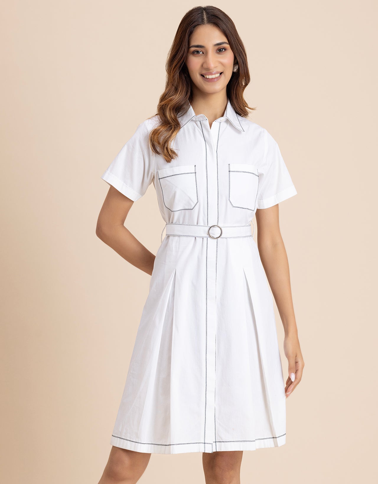 Women's Short Sleeve Classic Collar Formal Cotton Dress