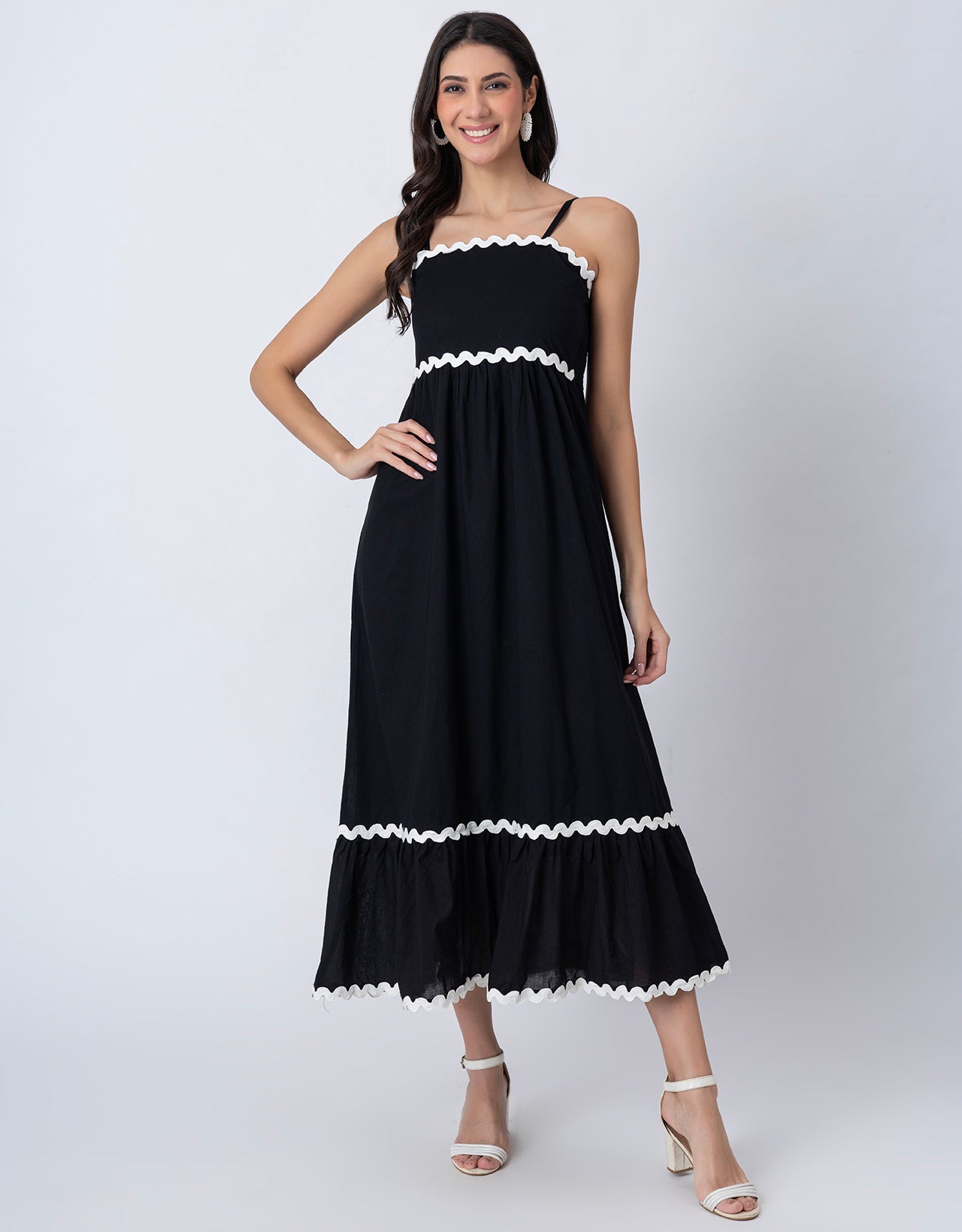 Women's Solid Full-Length Cotton Dress with Zigzag Lace
