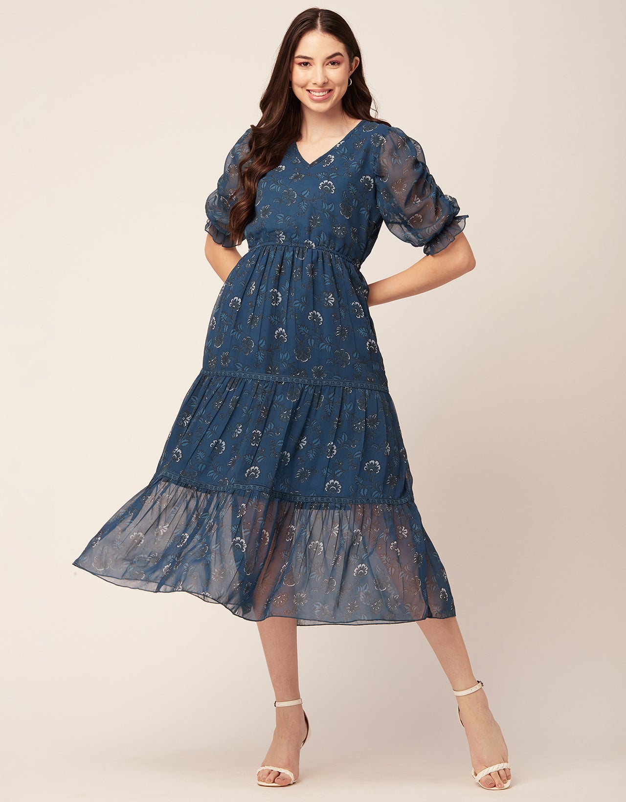 Printed Tiered V Neck Dress