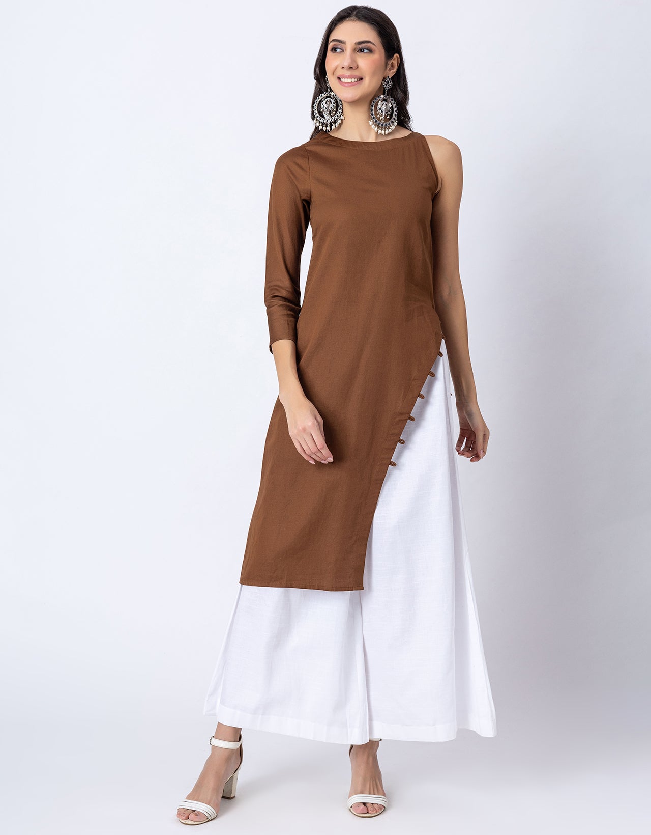 Solid One Shoulder Kurta with Palazzo, Indo-Western Fusion Wear