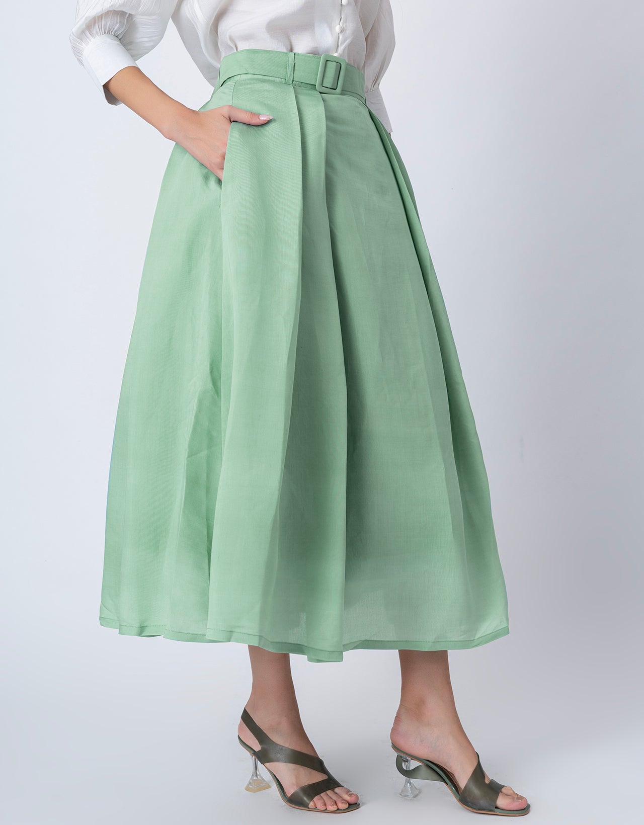 Exclusive Victorian Elegance Midi Box Pleat Skirt with Side Pocket