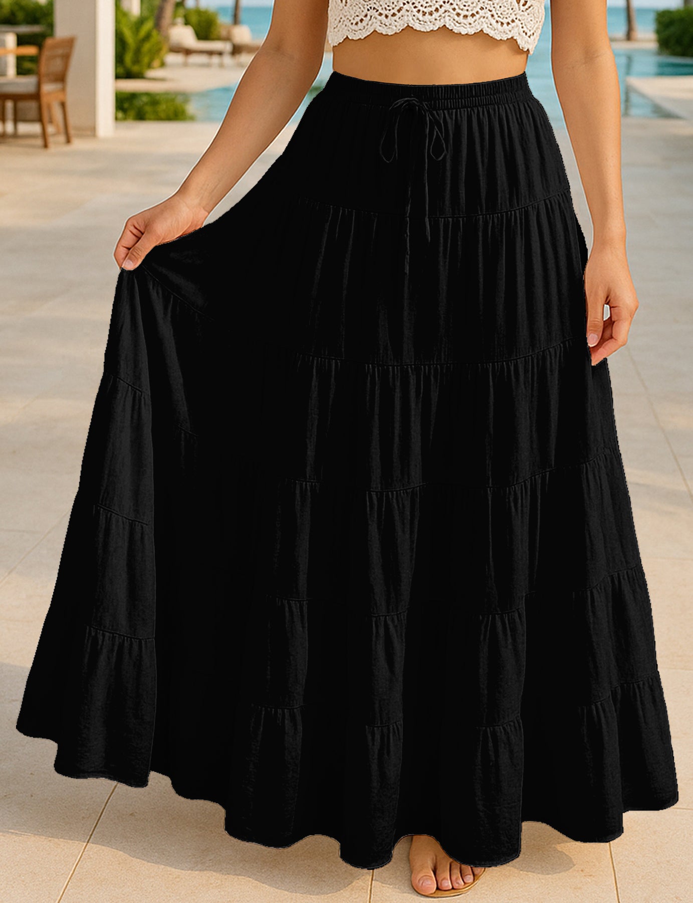 Women's Solid Cotton Maxi Skirt with Pockets Elastic Waist Resort Wear