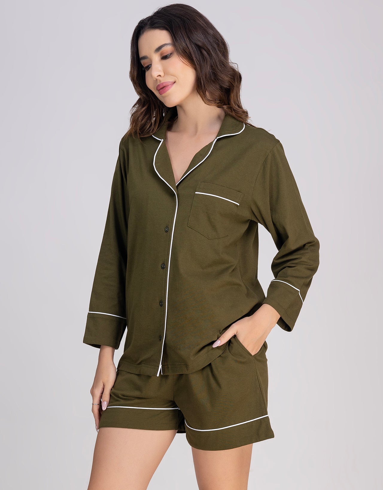 Moomaya Women's Cotton Jersey Button-Down Shirt & Shorts Sleepwear Set