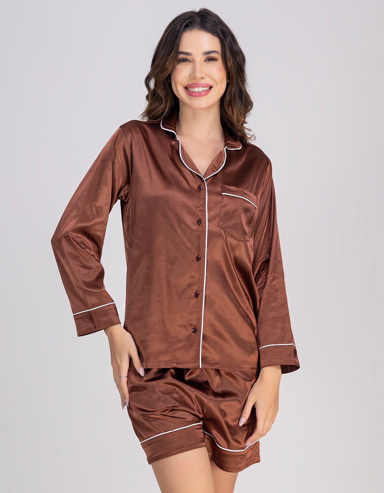 Moomaya Women's Satin Button-Down Shirt & Shorts Nightwear Set