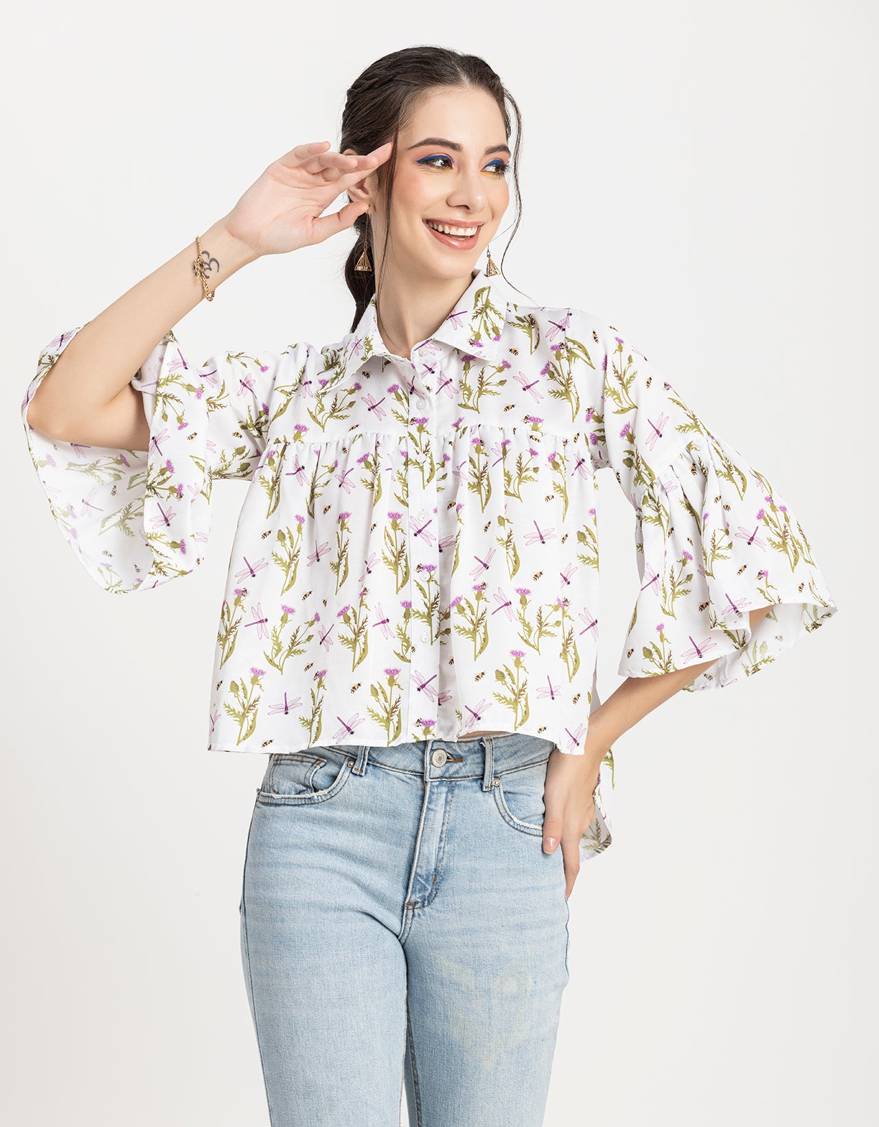 Printed Peplum Shirt, Bell Sleeve