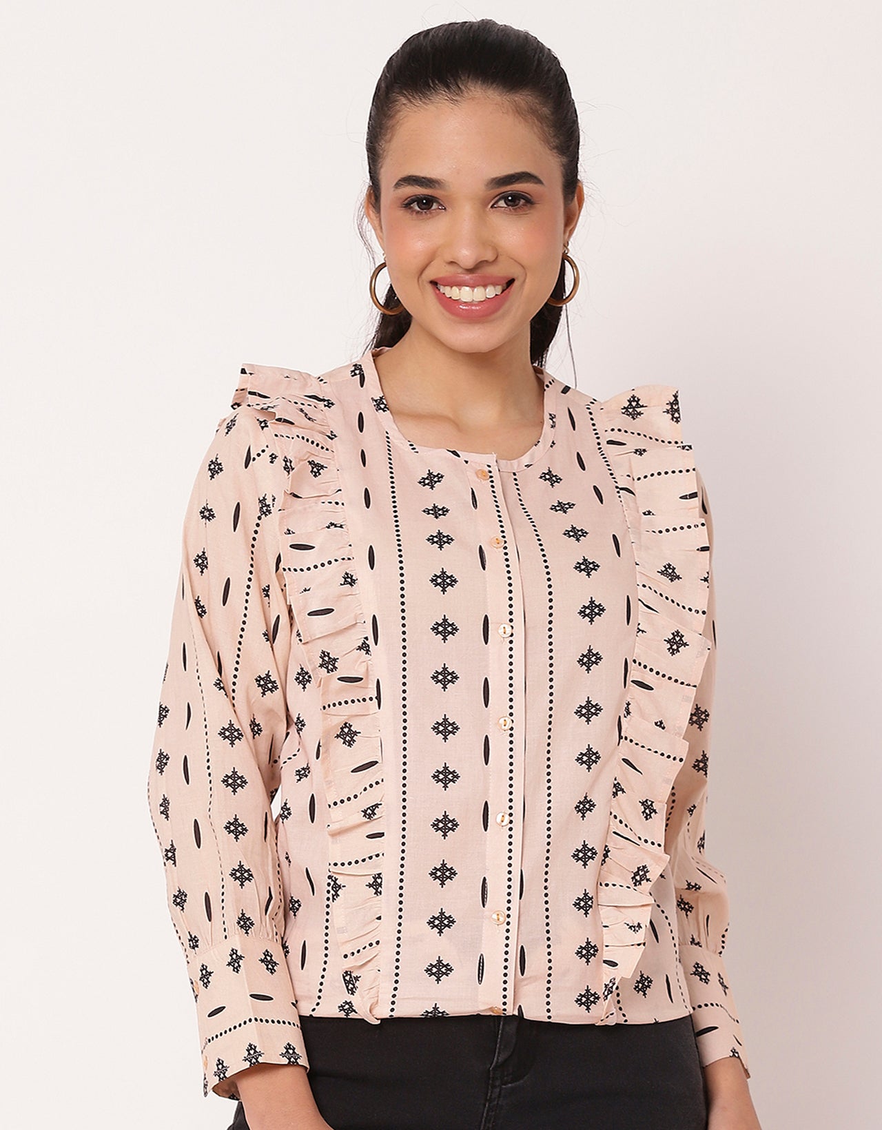 Chic Frill Summer Shirt For Women Round-Neck Shirt