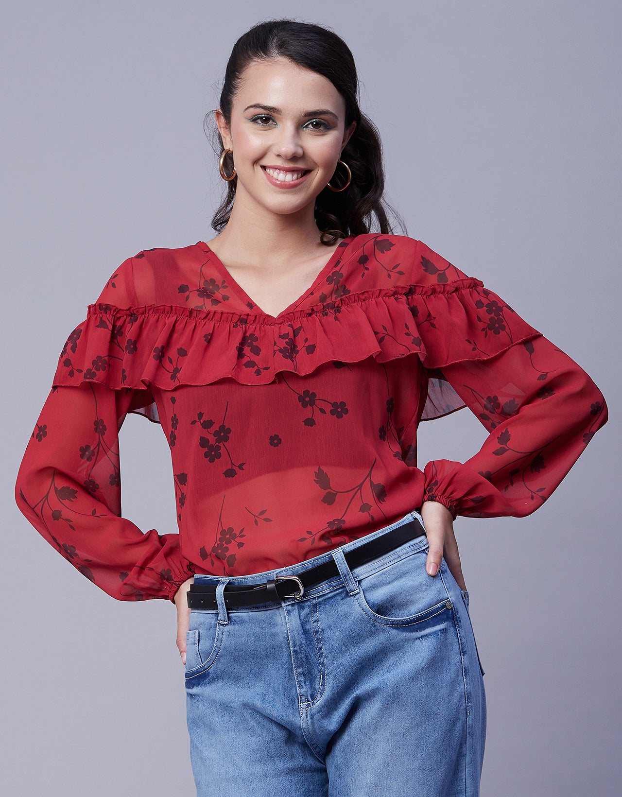 Ruffle Sheer Tunic Top