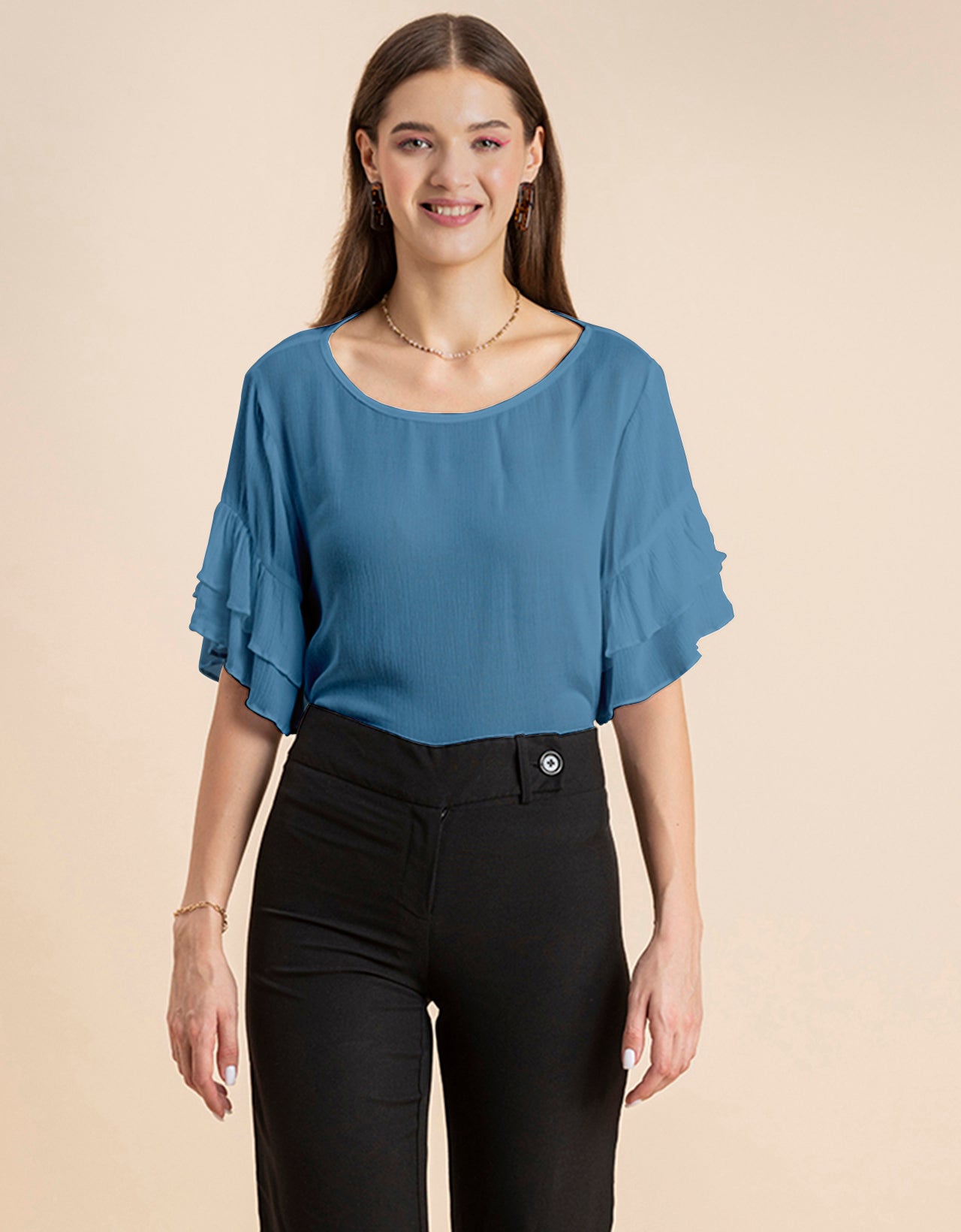 Solid Ruffled Bell Sleeve Top