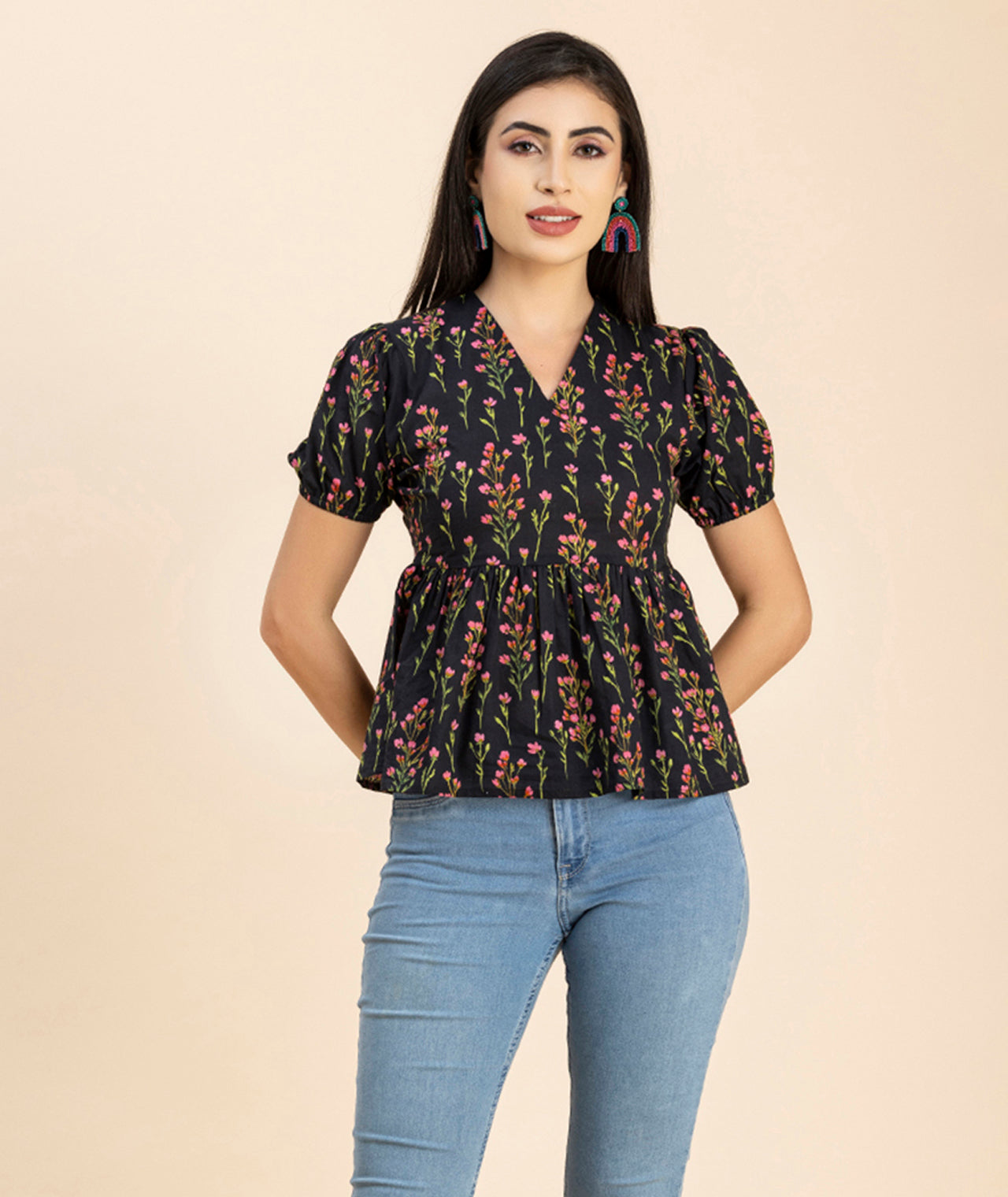 Short Puff Peplum Crop Top