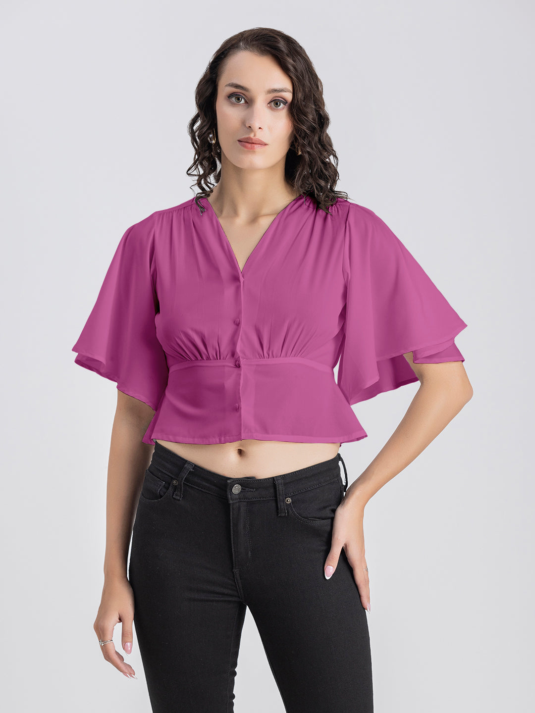 Solid V-Neck Flutter Top