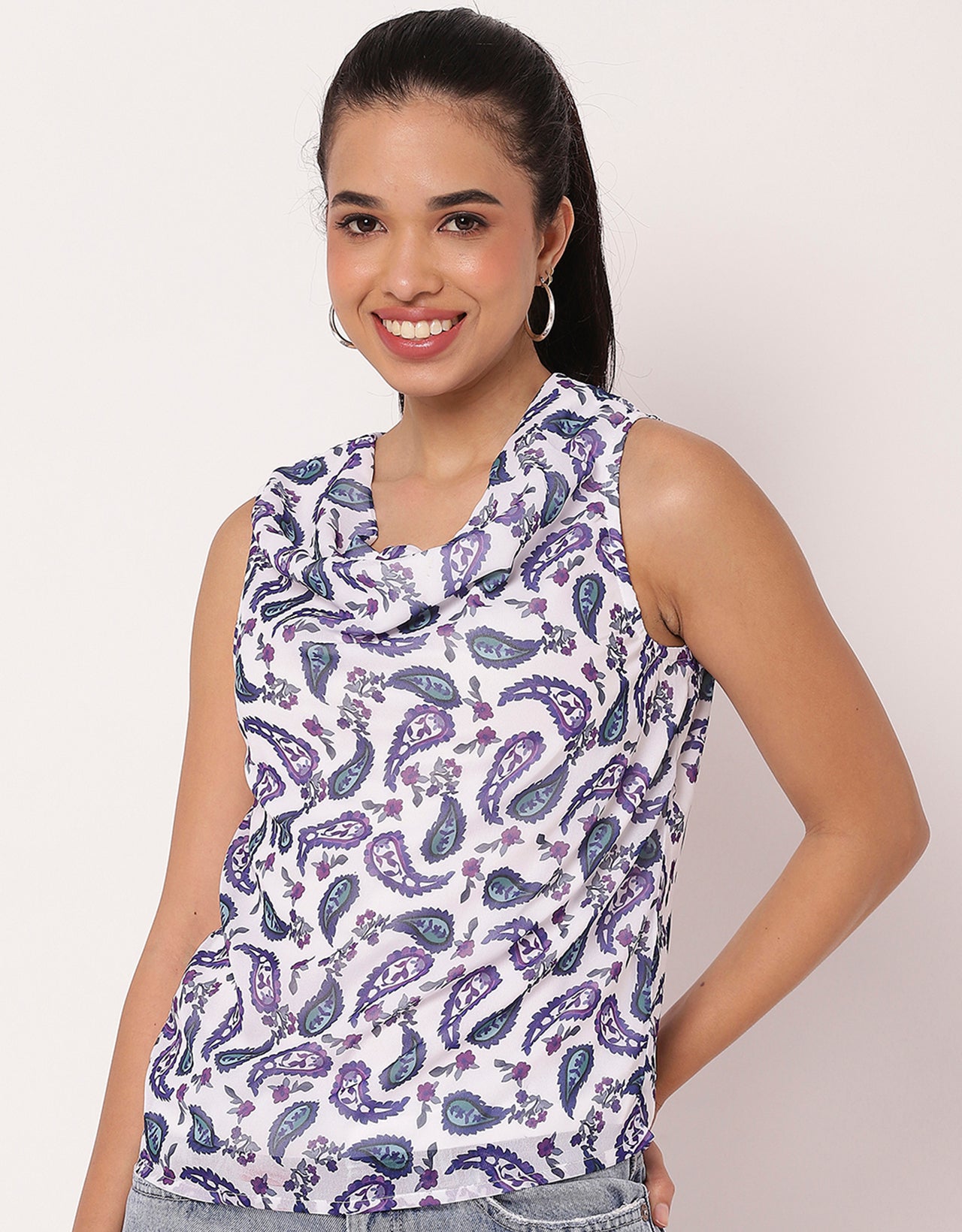 Sleeveless Cowl Neck Printed Women's Elegant Top