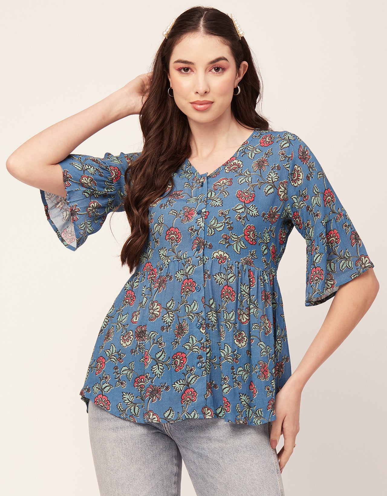Printed V Neck Flutter T