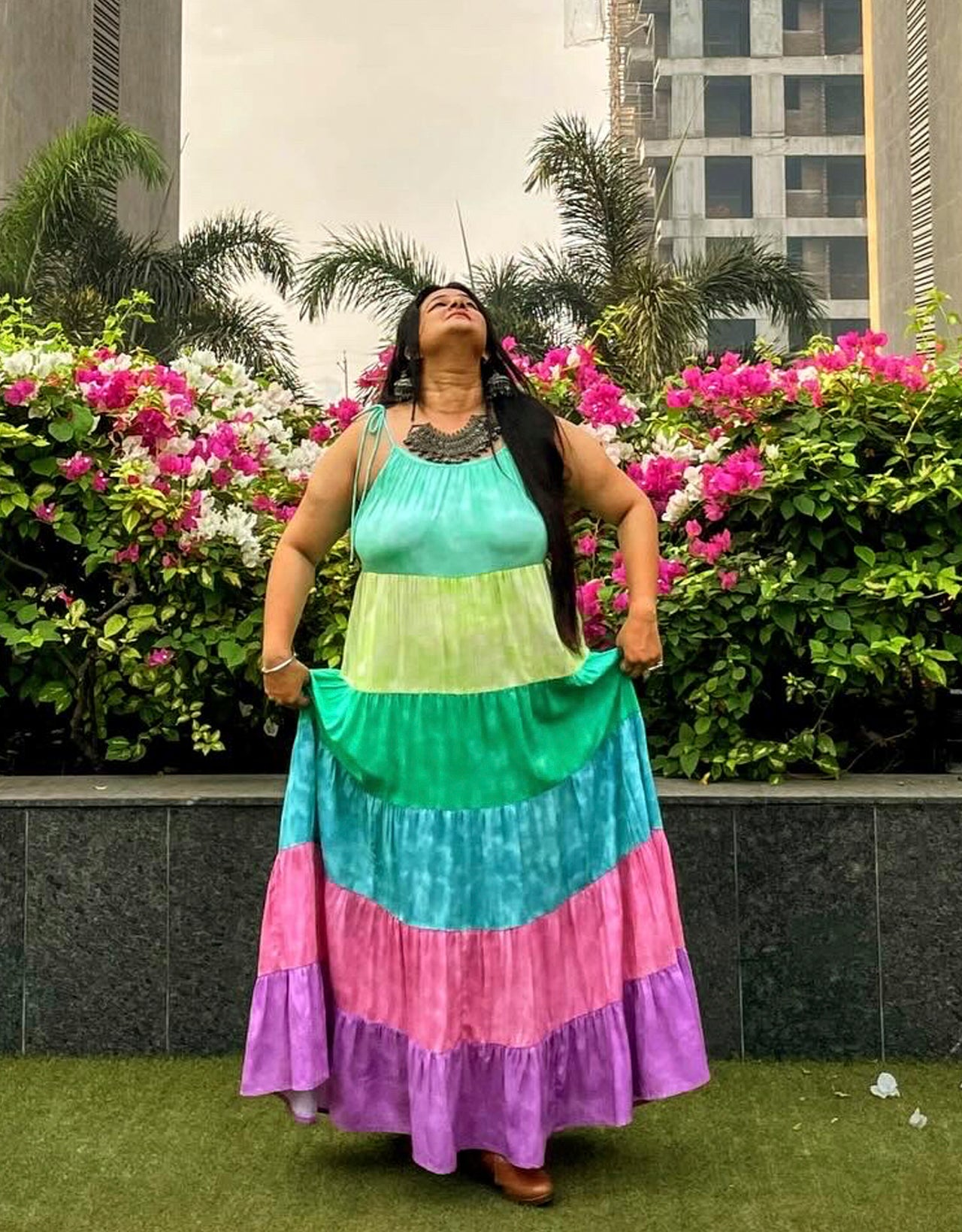 Shoulder Straps Tiered Printed Rayon Dress