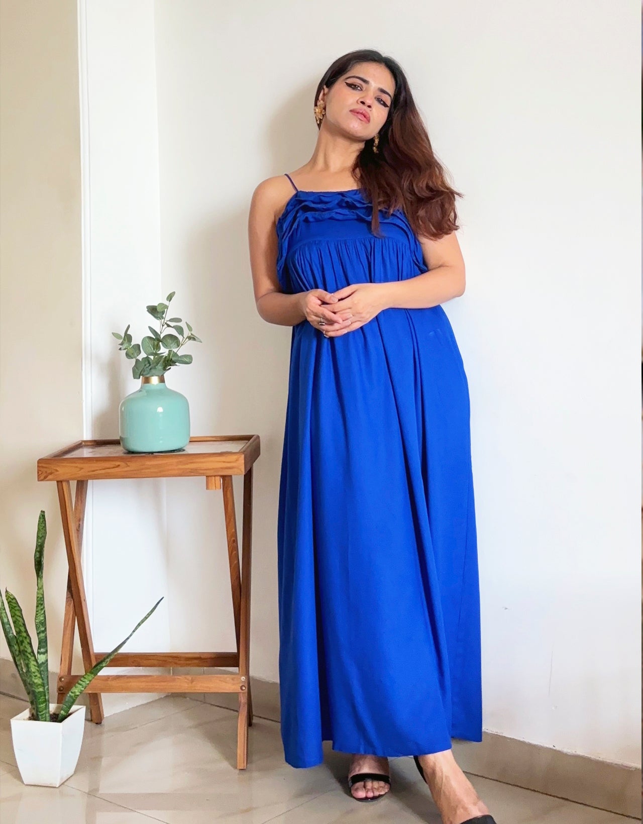 Women Solid Maxi Chic Frill Summer Dress